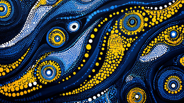 Blue and yellow pattern on black background, australian dot-painting aboriginal
