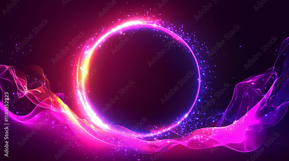 Poster abstract neon energy sphere of particles and waves of magical glowing on a dark background, circle a
