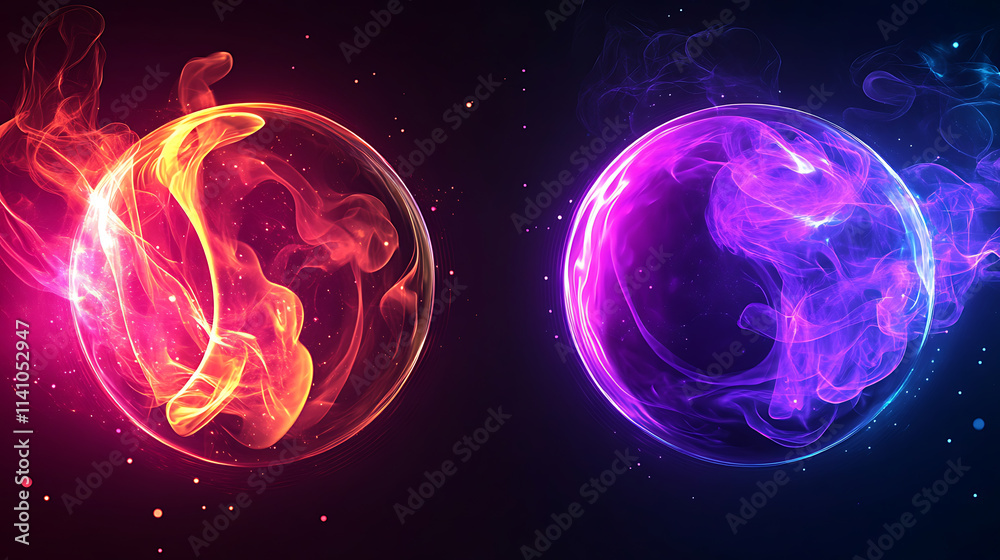 Poster Abstract neon energy sphere of particles and waves of magical glowing on a dark background, circle and loop frames with magic purple and pink flame