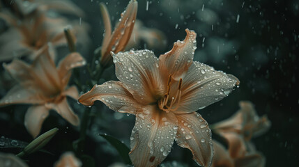 Raindrops rolling down the petals of a flower in the garden.
