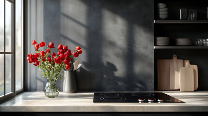 Elegant contemporary loft kitchen featuring a black glass induction hob with built-in hood or an aspirating induction hob on marble light stoneware countertop panels and a flower vase
