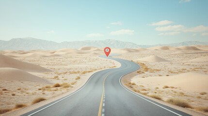 Desert road leading to location pin navigational concept with remote landscape, curving highway, and vast sand dunes under clear blue sky