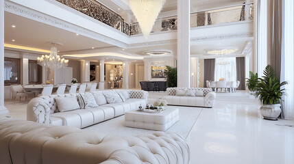 Elegant living room with white accents, modern furniture, and grand decor