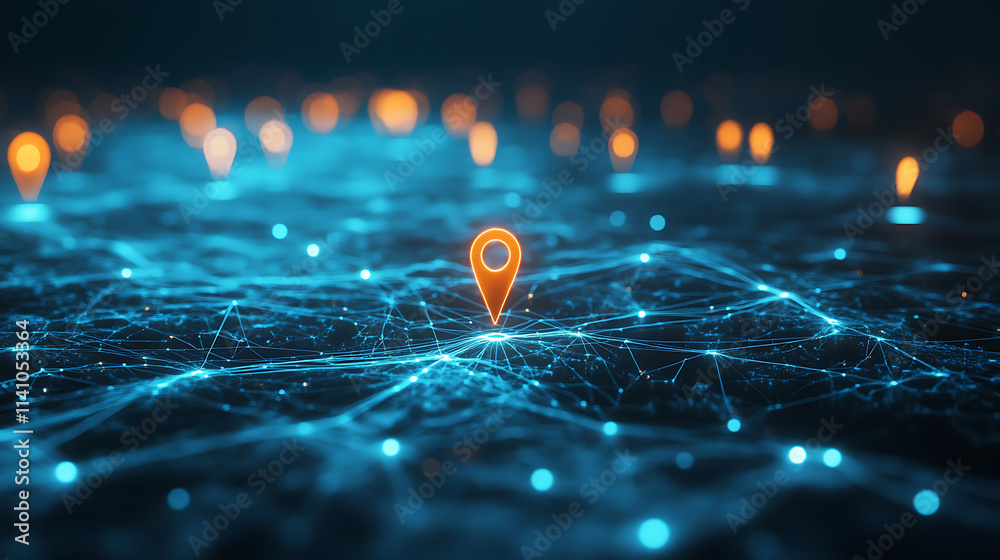 Fototapete Blue glowing location pins on a map with one pin highlighted and connected lines forming a path from one point to another, on a dark background