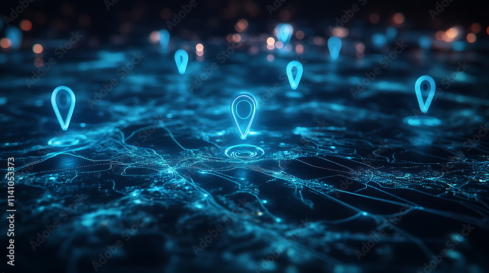 Fototapete blue glowing location pins on a map with one pin highlighted and connected lines forming a path from