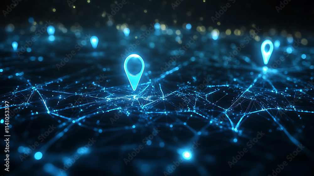 Aufkleber Blue glowing location pins on a map with one pin highlighted and connected lines forming a path from one point to another, on a dark background