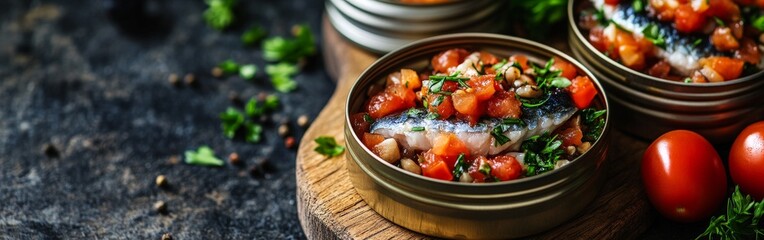 Opened seafood cans on clean white background