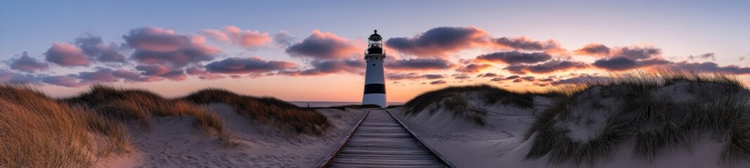 Scenic Wooden Walkway Leading to Lighthouse at Sunset with Dramatic Clouds