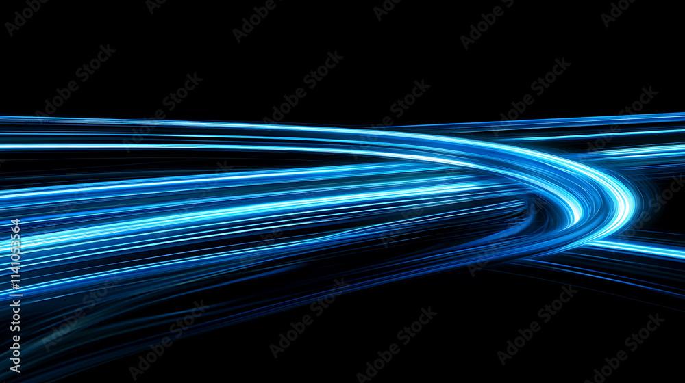 Poster Blue light streaks on a black background with glowing horizontal lines in a high speed motion blur effect