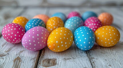 Obraz premium Colorful Easter eggs with polka dots arranged on a wooden surface.