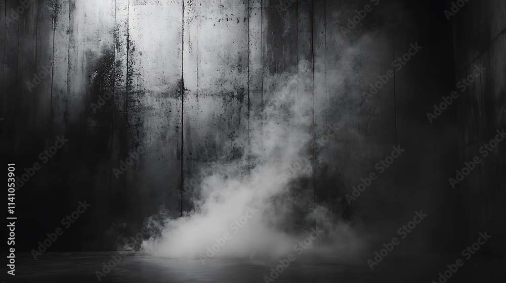 Poster Empty dark abstract cement wall and studio room with smoke float up interior texture for display products wall background