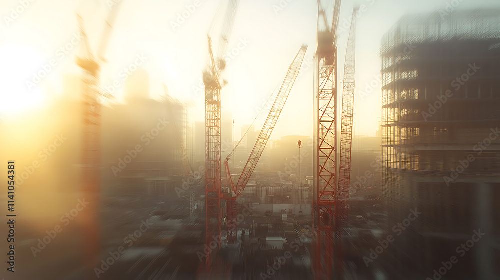 Poster blurred cranes working on a construction site on a sunny day