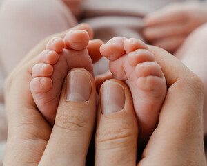 A newborn baby's feet in mom s hands close-up. High quality photo