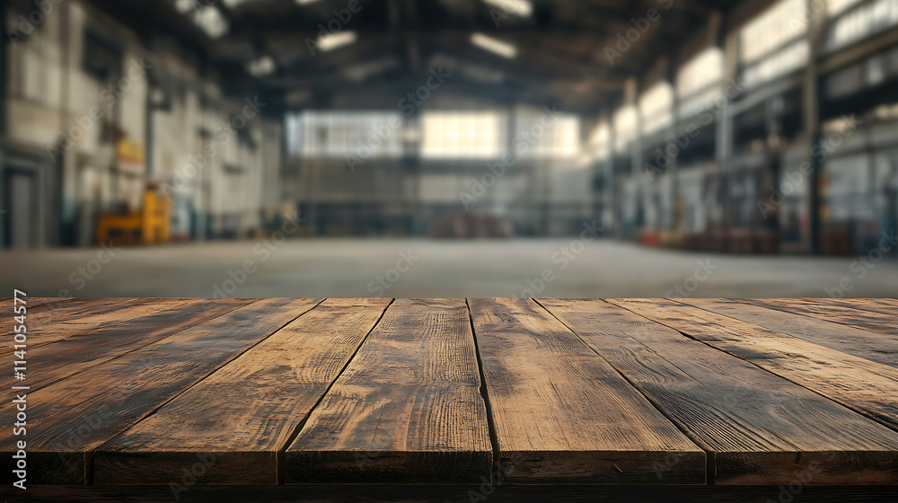 Poster empty wooden table providing enough copy space for image against blurred industrial warehouse backgr