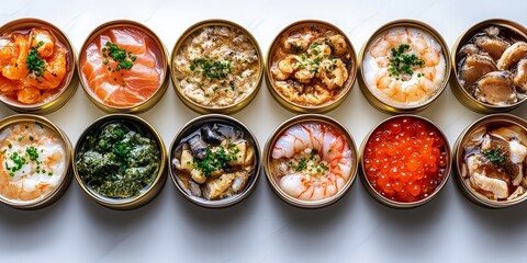 Open Cans of Seafood Arranged on White Background
