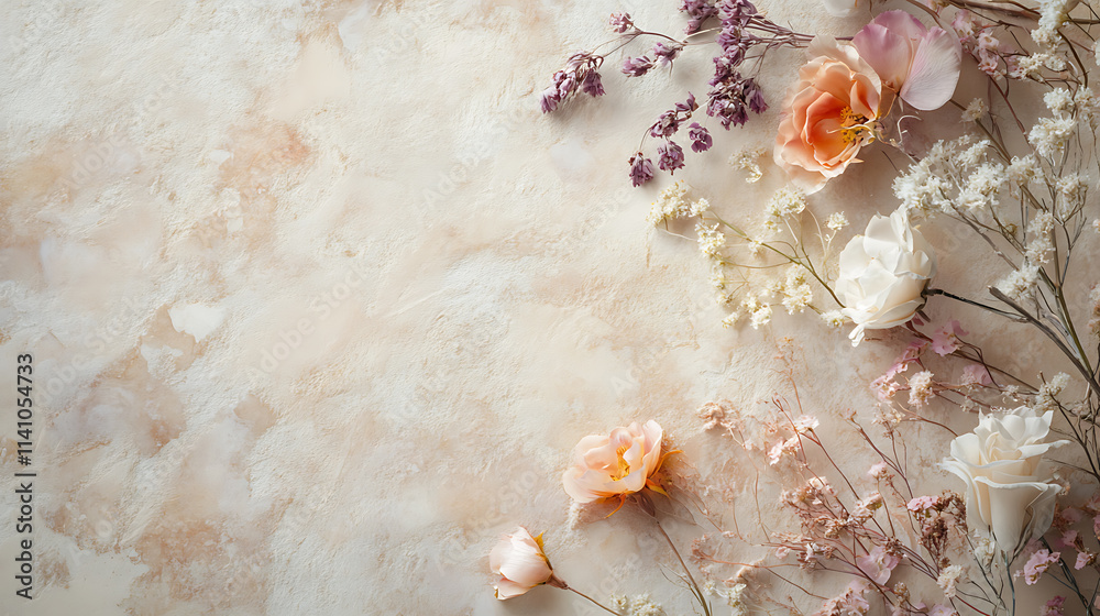 Poster boho style background with neutral pastel color style and natural floral elements aesthetic minimal
