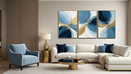 Abstract multi-panel canvas art mockup displaying swirling blue tones in a modern wall design.