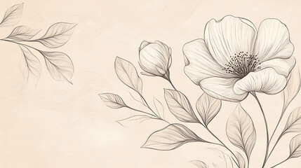 Botanical line art poster, delicate flowers and leaves on a beige background