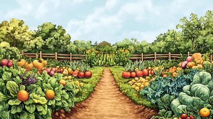 Botanical illustration of a vegetable garden, ideal for educational content and gardening guides