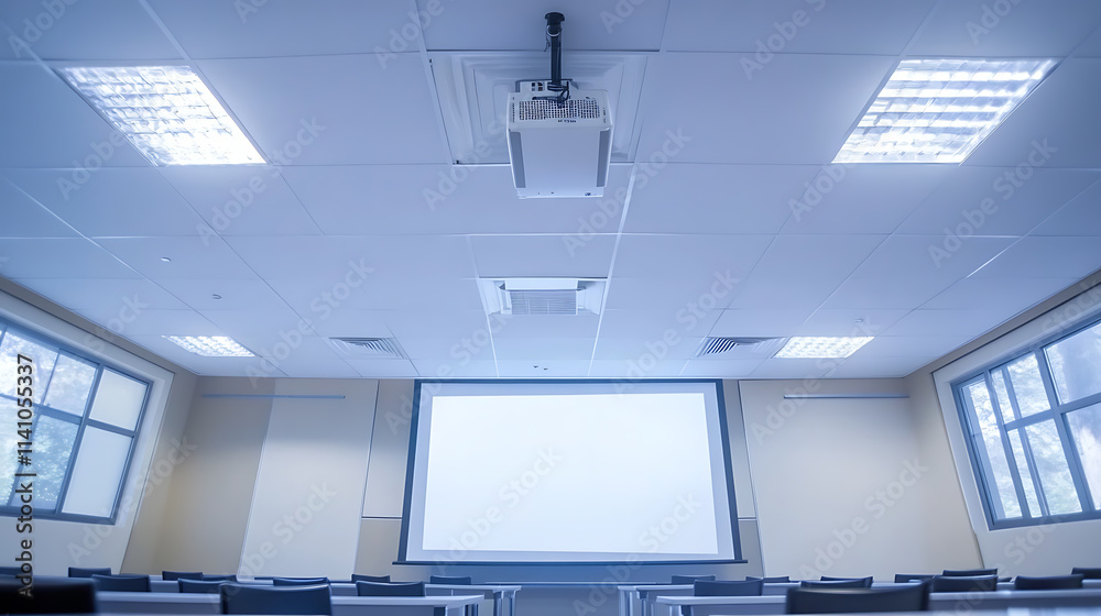 Poster excellent 4k projector mounted in the conference room ceiling with ample copy space, projector durin