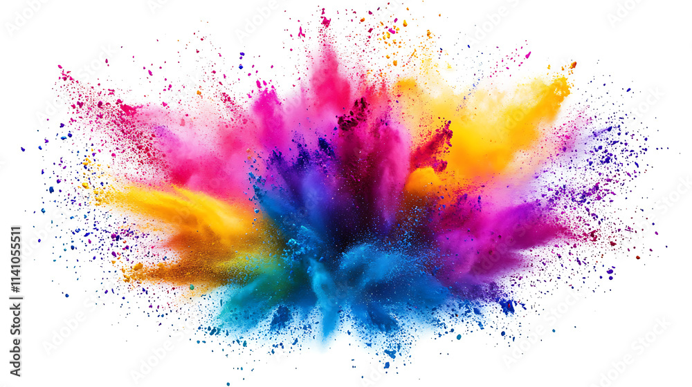 Poster Explosion of multicolored holi powder, splash of bright colorful paint, abstract pattern of colored dust burst, colorful art background
