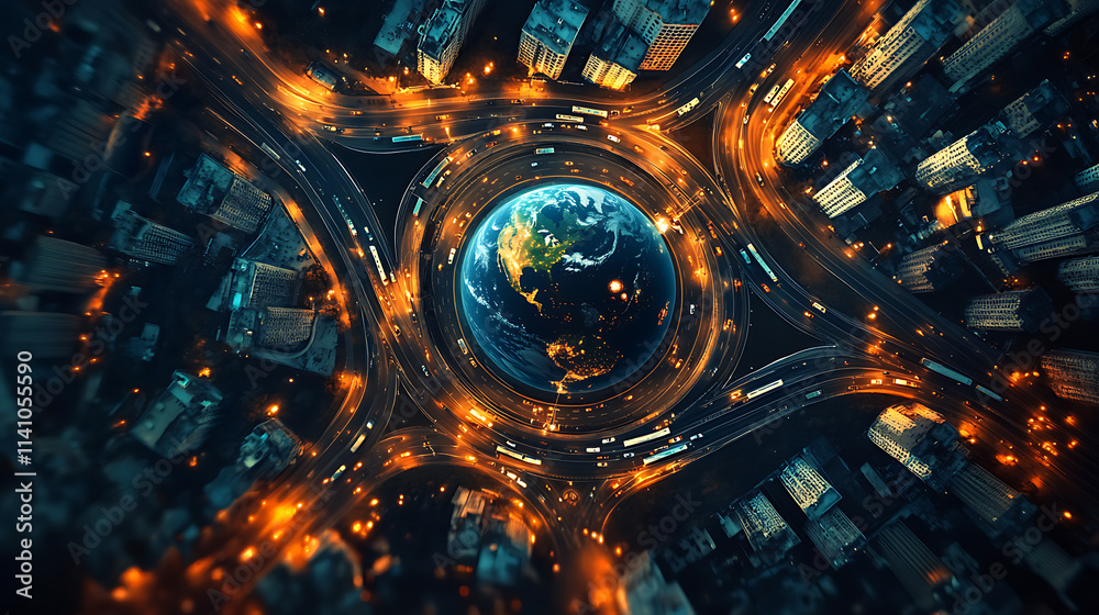 Poster aerial view of earth globe surrounded by multiple highways, traffic lights glowing at night in city 