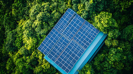 Aerial view of a large-scale data center powered by sustainable energy with solar panels on the roof, surrounded by greenery