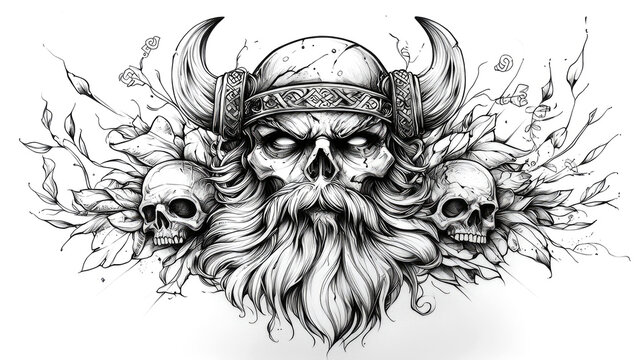 Skull Viking warrior with floral elements.