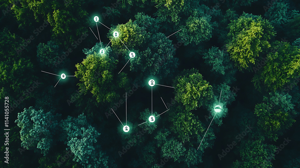Poster aerial view of land with network markers representing land development planning and connectivity