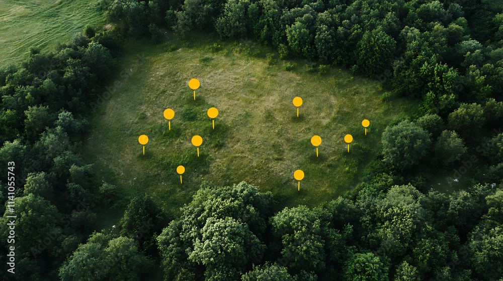 Poster aerial view of land with network markers representing land development planning and connectivity