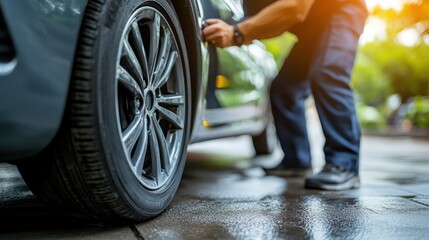 Man checking car door outdoors.