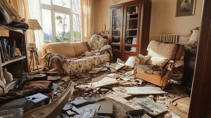 After earthquake effect on living room, messy and destroyed
