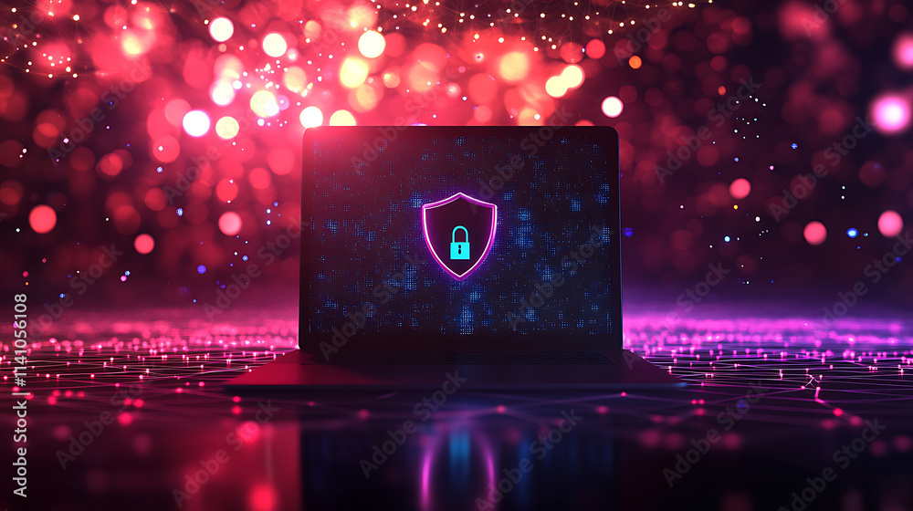 Poster Bright view of a laptop screen displaying a shield and lock icon representing cybersecurity on a digital network background