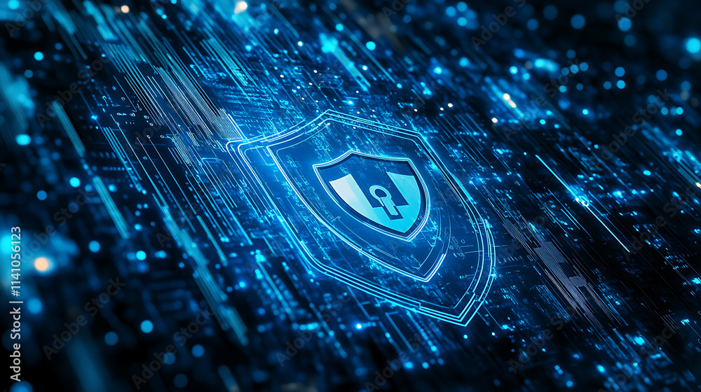 Aufkleber Bright view of a laptop screen displaying a shield and lock icon representing cybersecurity on a digital network background