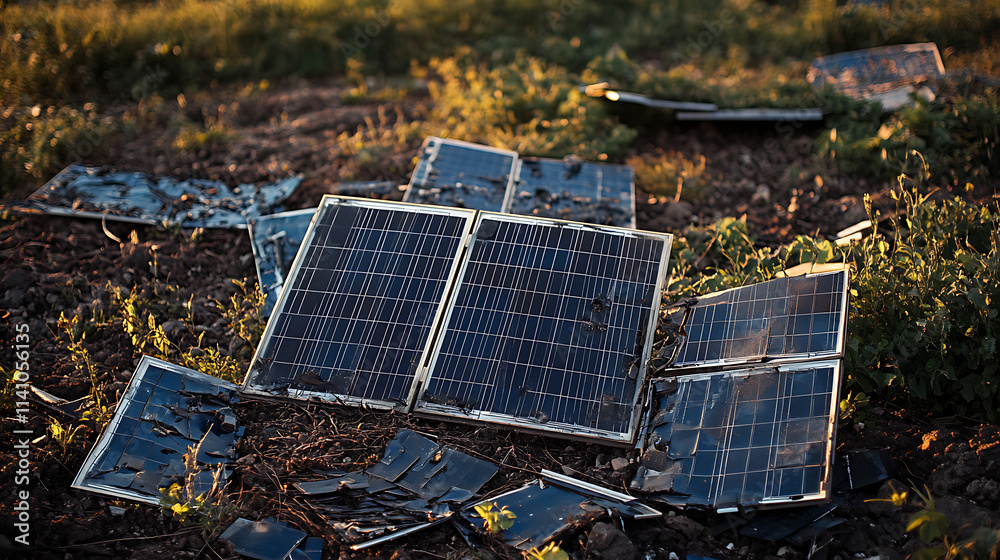 Aufkleber broken solar panels lying on the ground in a field, highlighting the issue of electronic waste and t