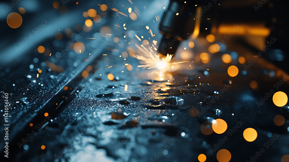 Fototapete ai cnc automatic machine laser welding metal sheet with sparks and bokeh light in factory