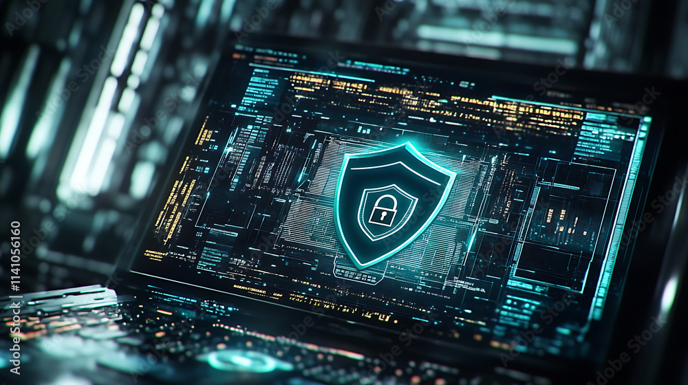 Poster Bright view of a laptop screen displaying a shield and lock icon representing cybersecurity on a digital network background