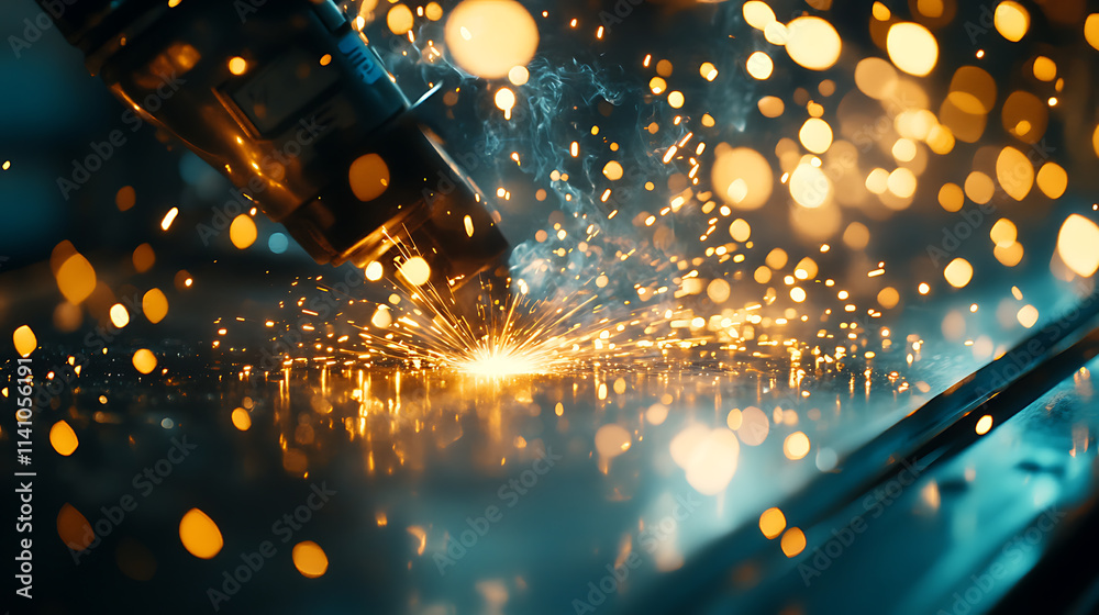 Aufkleber ai cnc automatic machine laser welding metal sheet with sparks and bokeh light in factory