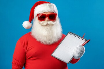 Naklejka premium Focused close-up of Santa Claus, amusing and a bit chubby, as he contemplates his notebook, planning his wish list and making decisions, looking thoughtful. He wears trendy suspenders, making him
