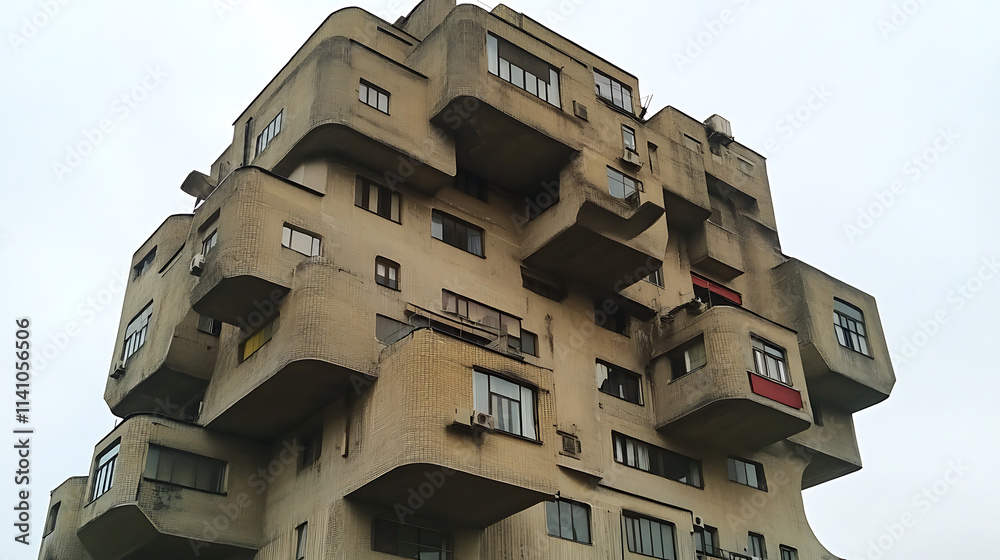 Poster Building with multiple floors under the open sky, numerous windows on balconies, building a tall, monolithic structure