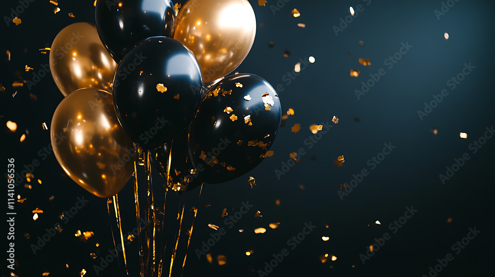 Poster bunch of black and gold balloons on a dark background with golden confetti, creating a festive atmos