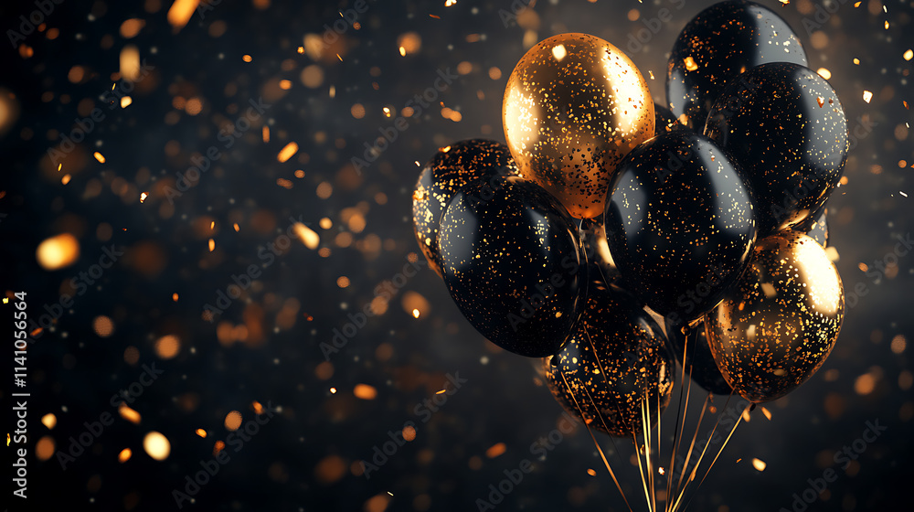 Poster bunch of black and gold balloons on a dark background with golden confetti, creating a festive atmos