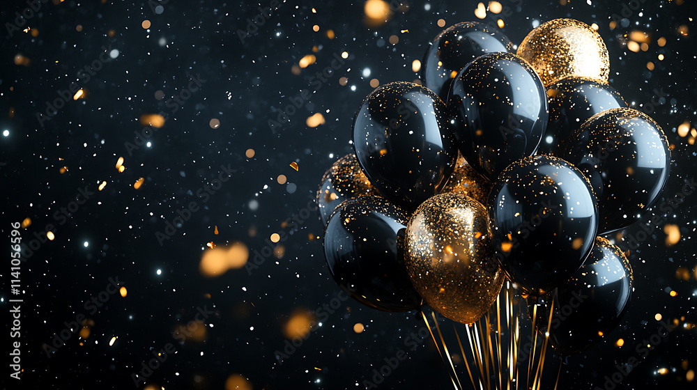 Poster bunch of black and gold balloons on a dark background with golden confetti, creating a festive atmos