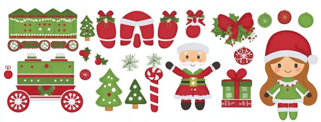 Fototapeta premium A traditional Christmas banner depicting Santa Claus, a nutcracker, a locomotive, girls, gingerbread, and gift boxes in a vintage style.