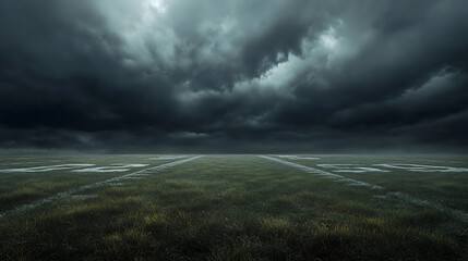 Obraz premium American football field in a dark stormy sky, 3d rendering