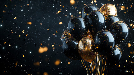Bunch of black and gold balloons on a dark background with golden confetti, creating a festive atmosphere for black friday