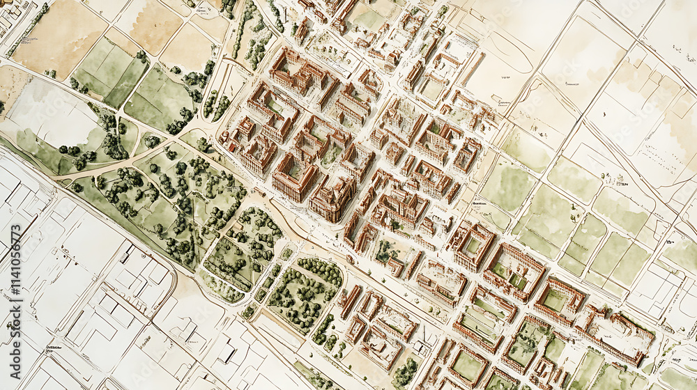 Poster cadastral map of an area with buildings and streets