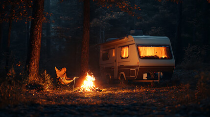 Camper is enjoying a bonfire near his cozy travel trailer in an autumn forest at night