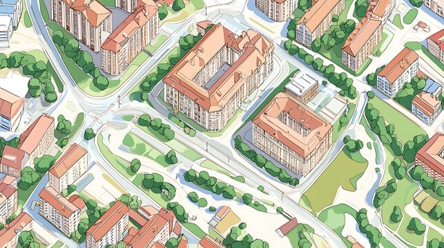 Cadastral map of an area with buildings and streets