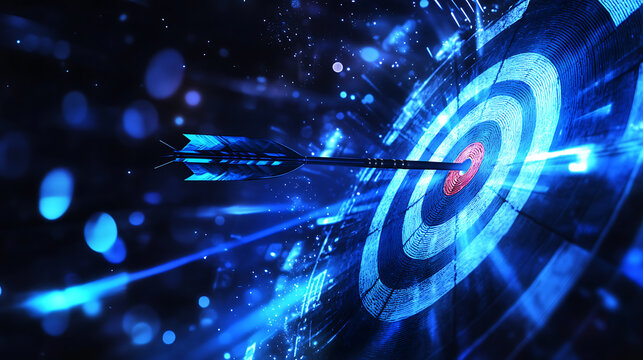 An arrow hitting a bullseye on a dartboard, artistic style, with a blue bokeh background, concept of success - Powered by Adobe